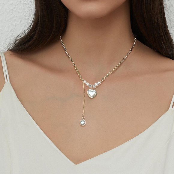 3/$35 18K Gold Plated Pendant Short Chain Necklace Beaded Heart Choker Steel - Picture 1 of 8